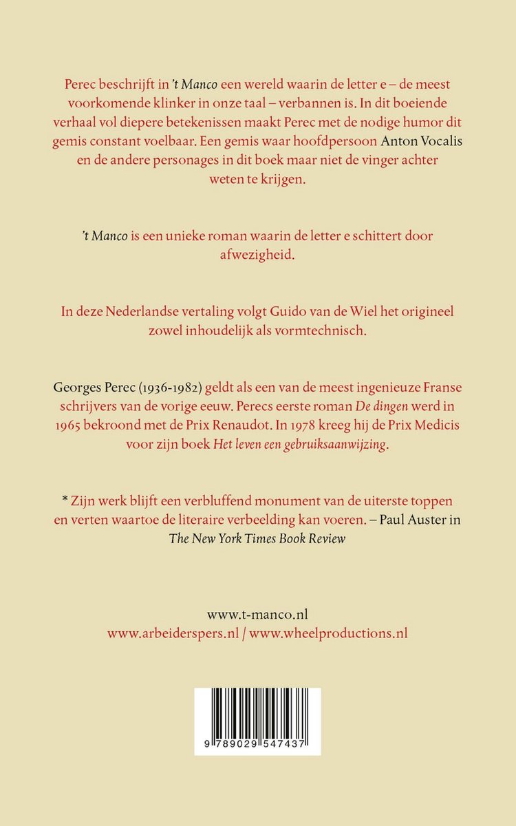 Boekomslag van 't Manco met tekst.