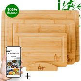 Planches à découper en Bamboe MyCuisine avec canal à jus - Ensemble de planches à découper avec support en bois - Y compris E-Cookbook - 3 pièces