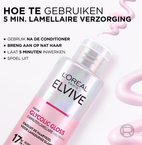 Flacon L'Oréal Elvive Glycolic Gloss avec soin lamellaire 5 minutes, entouré de glaçage rose.