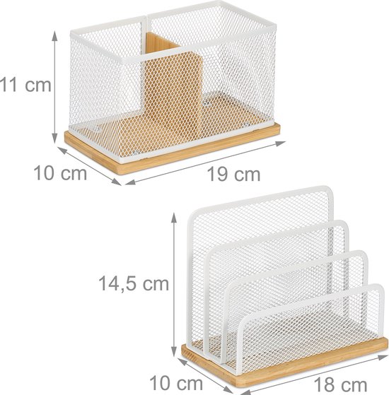 Set organiseur de bureau Relaxdays 2 pièces - corbeille à courrier - plumier - bambou et métal - blanc