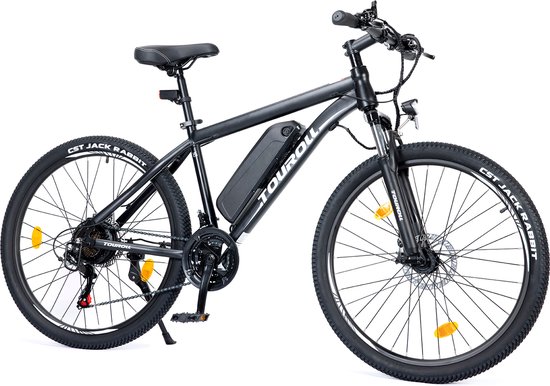 Touroll U1 26-inch Off-Road Tire elektrische MTB fiets met 250W motor, 36V 13Ah verwisselbare batterij, max 65km actieradius, Shimano 21 versnellingen schijfrem IPX4 waterdicht - Zwart