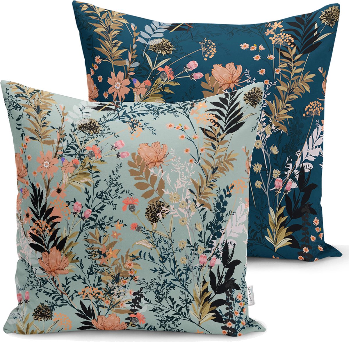 De Groen Home Bedrukt Kussenhoesje Flora - Velvet Kussenhoes set van 2 - 50x50 cm - Lichtblauw & Donkerblauw - Aan beide zijdig bedrukt