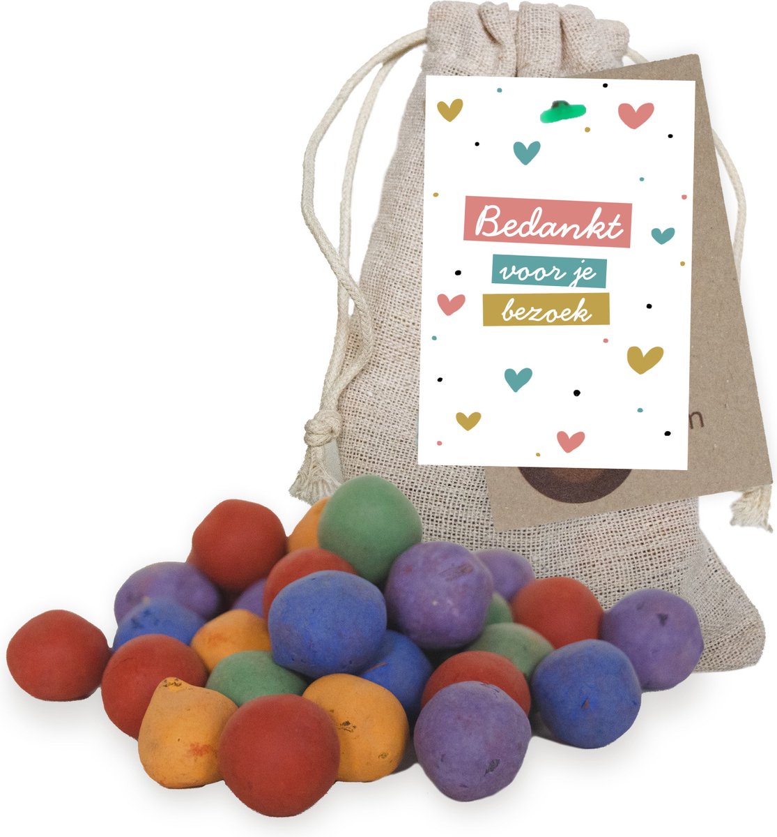 Kaartje Bedankt voor je bezoek met 30 Kleurrijke Zaadbommen in Jute Zakje - Zaadbom.com