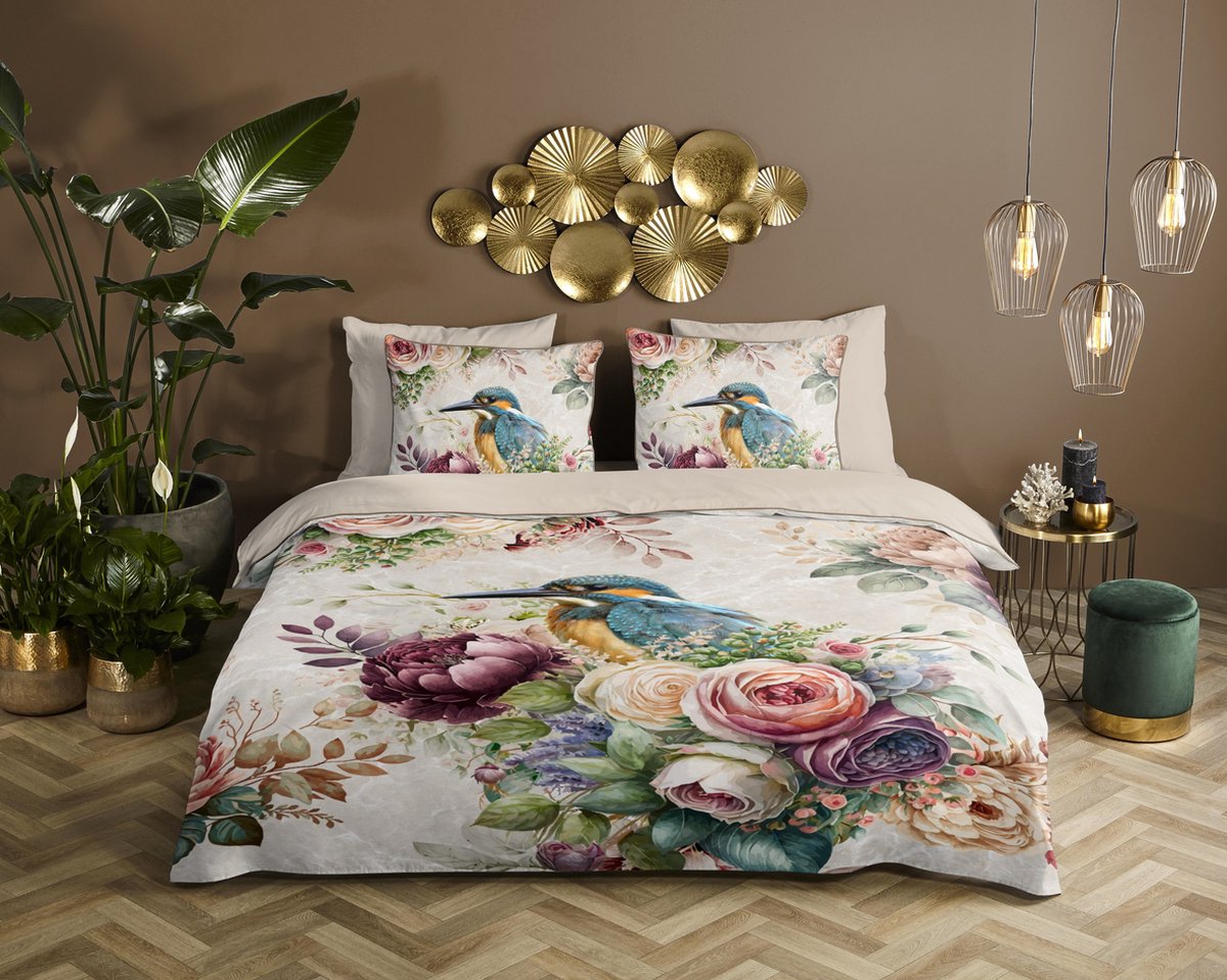 Descanso dekbedovertrek bloemen en vogels - 2 persoons 200x200/220 cm - Zand - 100% Katoen satijn