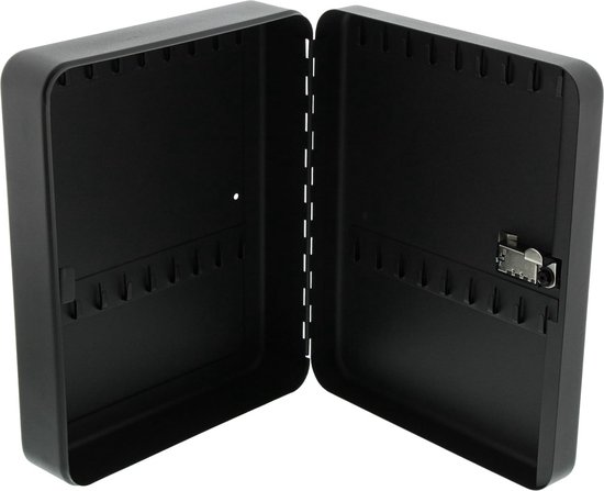 Afsluitbare sleutelbox met cijferslot en haken - Plaatstaal - Hoogte 300 mm - Mat zwart - 300x240x74mm (HxBxD)