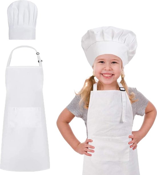 Ensemble Tablier Et Toque De Chef Adulte - Blanc, Réglable, Avec Poches, Polyester
