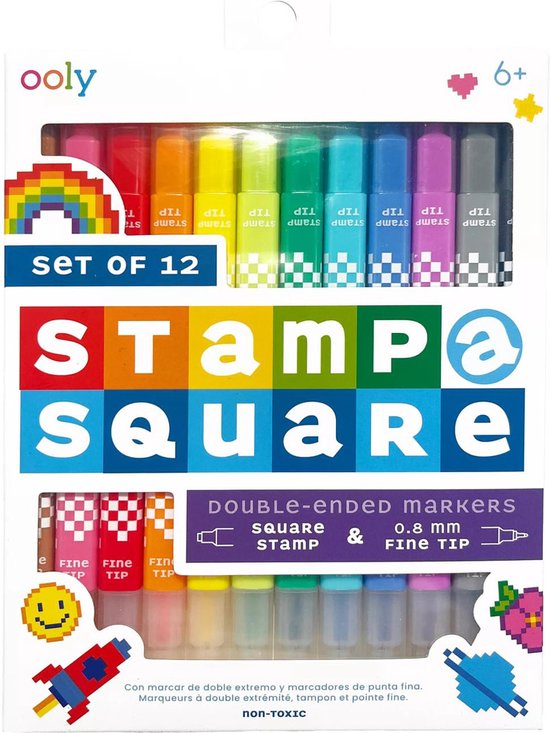 Ooly - Stamp-A-Square Double Ended Markers - Set Van 12 Stempelmarkers - Elke Marker Heeft Een Vierkante Stempelpunt En Een Fijne Punt (0,8 mm) - Geweldig Voor Het Maken Van Lijstjes, Pixel Art En Meer - Geschikt Vanaf 6 Jaar