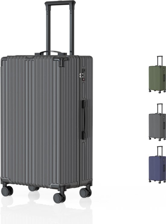Donkergrijze Voyagoux reiskoffer met wielen en TSA-slot. Kleurenopties: groen, grijs, donkerblauw.