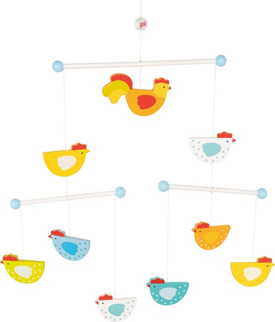 Houten baby mobiel met een haan en diverse kippen in vrolijke kleuren.