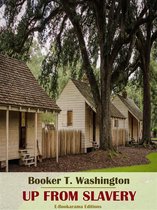 Boek 'Up from Slavery' van Booker T. Washington, met een afbeelding van kleine houten huisjes.