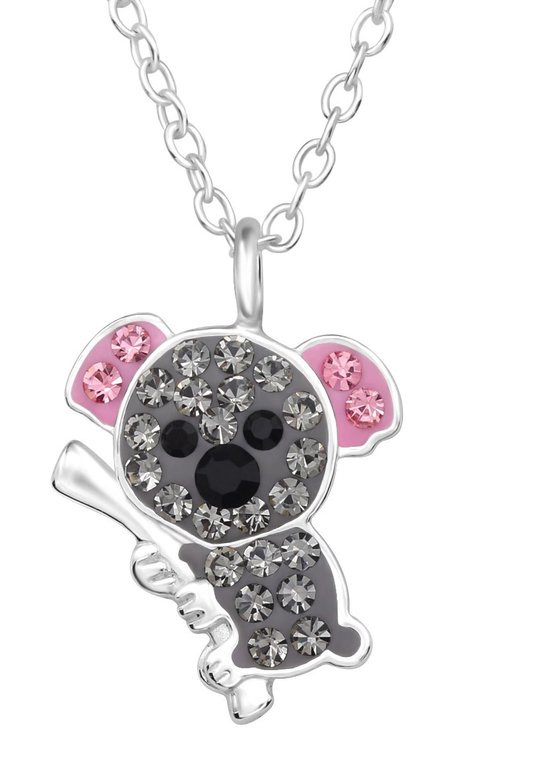 Joy|S - Zilveren koala hanger - inclusief ketting 39 cm (extra oogje bij 36 cm) - zilver met grijs en roze met grijs roze kristalletjes