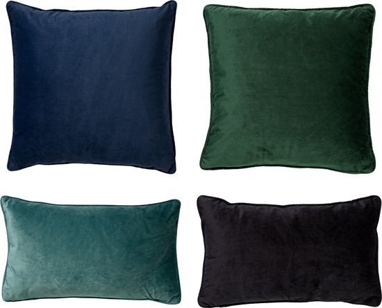 Dutch Decor - Set van 4 sierkussens - Essentials - donkerblauw - donkergroen - groen - zwart - 45x45 cm - 30x50 cm - inclusief binnenkussens - velvet