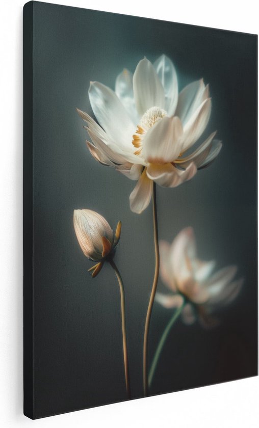 Artaza Canvas Schilderij Twee Witte Lotusbloemen op een Donkere Achtergrond - 30x40 - Klein - Foto Op Canvas - Canvas Print