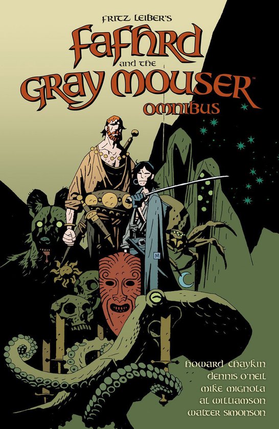 Fafhrd and the Gray Mouser Omnibus-boek met personages in een duistere, fantasierijke stijl.
