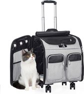 Met trolley, 2-in-1 tot 20 kg, kattenrugzak, grote kattendraagtas met wieltjes, multifunctionele rugzak, ademend, grijs