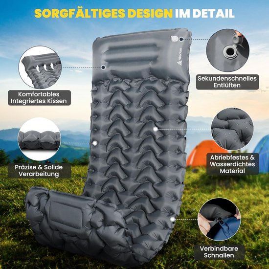 JEMULICE Isomat voor camping, 12 cm, verdikt opblaasmatras, kleine verpakkingsmaat met voetpomp, ultralicht, waterdicht, luchtmatras, outdoor, anti-ripstop, slaapmat voor wandelen en strand