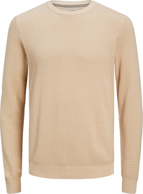 JACK & JONES Atlas knit crew neck slim fit - heren pullover katoen met O-hals - beige - Maat: L