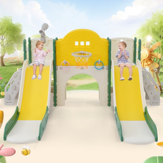 Toboggan 8 En 1 Pour Enfant - Avec Panier De Basket, Télescope, Espace D'Escalade - Intérieur/Extérieur, Vert