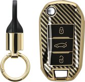kwmobile autosleutel hoesje met sleutelring - geschikt voor Peugeot Citroen 3-knops inklapbarep autosleutel hoesje - Sleutel case met sleutelhanger - Metallic Carbon design in goud / zwart