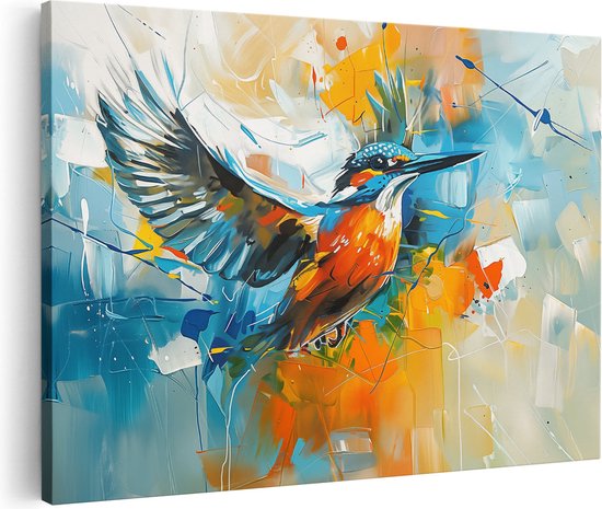 Abstract schilderij van een ijsvogel in vlucht met oranje, blauwe en gele tinten.