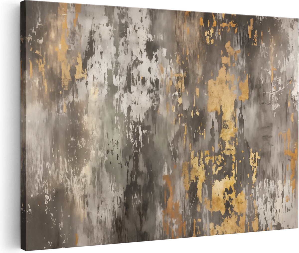 Artaza Canvas Schilderij Grijze en Gouden Verf op een Muur - 30x20 cm - Klein - Wanddecoratie Woonkamer - Schilderijen - Muurdecoratie