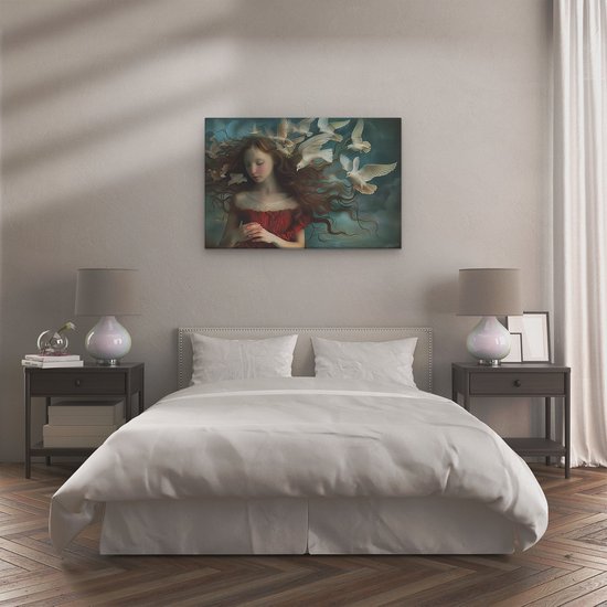 Artaza Peinture sur toile Fille avec une robe rouge et des colombes Witte - 120 x 80 - Groot - Photo sur toile - Impression sur toile