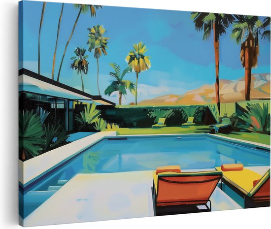 Artaza Canvas Schilderij Kunstwerk van een Zwembad met Ligstoelen en Palmbomen - 120x80 - Groot - Foto Op Canvas - Canvas Print