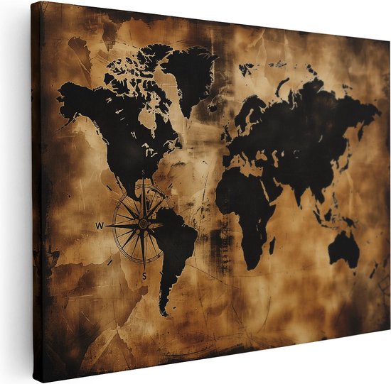 Zijaanzicht van een canvas wereldkaart met zwarte contouren op een verweerde bruine achtergrond.