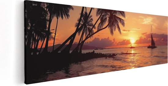 Artaza Canvas Schilderij Zonsondergang met Palmbomen en een Zeilboot - Foto Op Canvas - Canvas Print