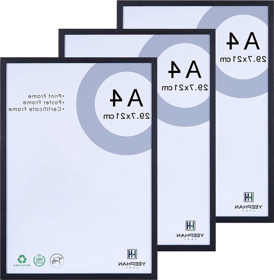 Zwart Fotolijst A4 Formaat met Plexiglas Voorkant - Houten Frame voor Certificaten en Prints - Set van 3 Fotolijsten