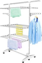 3 Tier Clothes Airer Folding Stainless Steel Laundry Drying Rack Adjustable Dry Rail Hanger with Wheels & Extendable Top Bar