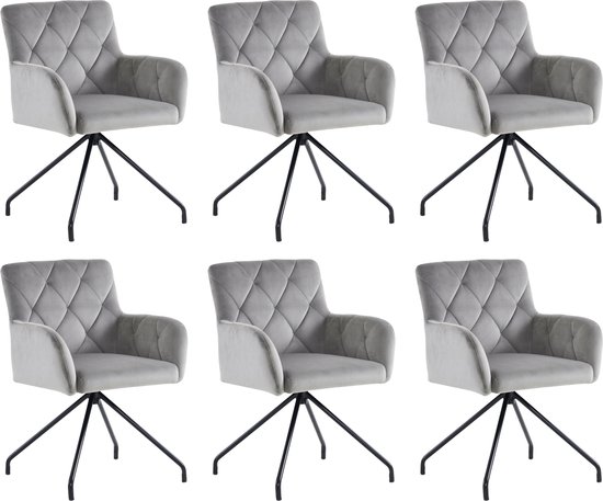 Set de 6 chaises de salle à manger avec motif à carreaux, fauteuil rembourré avec 4 pieds en métal, chaise longue moderne, chaise de salon pour chambre, bureau et bureau, soutien lombaire, velours, gris clair