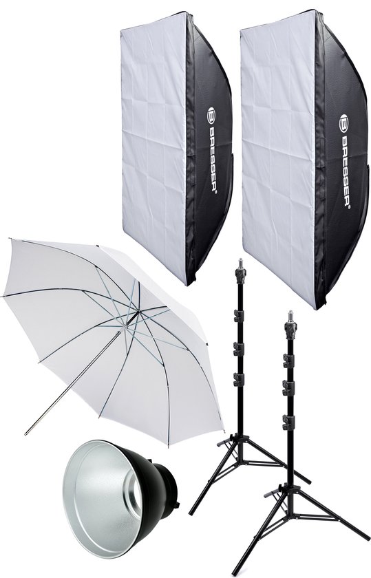 Foto: Bresser studio flitser accessoire pakket softboxen flitsparaplu statief reflector grid