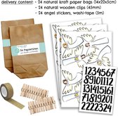 DIY adventskalender kraftpapier set - engeltjes om te plakken - met 24 bruine papieren zakjes en Washi Tape om zelf te vullen en doe het zelf