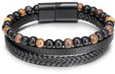 Armband Heren - Zwart Leer met Bruine Kralen - Leren Armbanden - Kralenarmband - Cadeau voor Man - Mannen Cadeautjes
