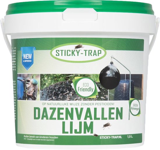 Witte emmer met groene deksel, voor "Dazenvallen Lijm". Op de emmer staan afbeeldingen van insecten en een bal.