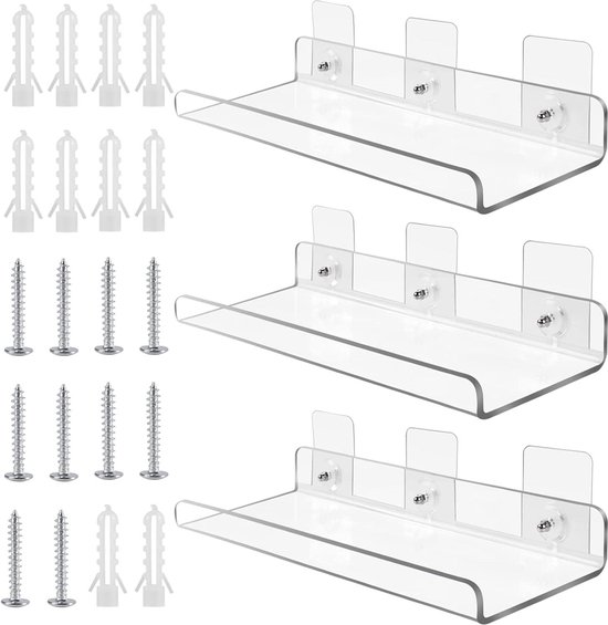 Transparante Acryl Drijvende Planken - Moderne Decoratieve Muurplanken voor Slaapkamer Badkamer Keuken - Set van 3 - 300x100mm U-vorm acrylic shelves