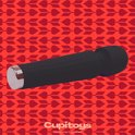 Zwarte vibrator met zilverkleurige ring aan het uiteinde, op een rode achtergrond met hartjes en pijlen.