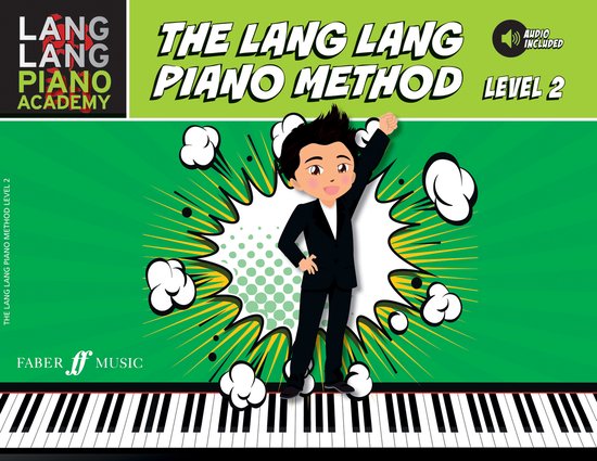 Boekomslag 'The Lang Lang Piano Method Level 2' met een jongen in een pak die blij springt met piano toetsen op de voorgrond.