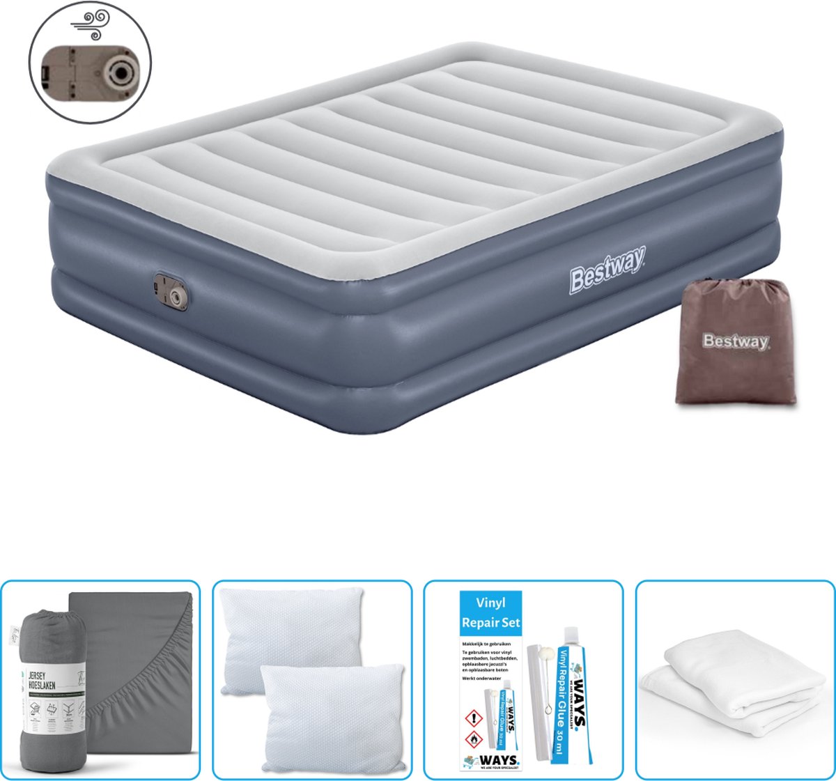 Bestway luchtbed - 2-Persoons - 152 x 203 x 51 cm - Grijs - Inclusief pomp - Hoeslaken - Kussen - Kussenbeschermer en Reparatieset