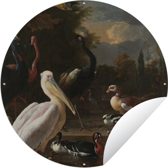 Tuincirkel Een pelikaan en ander gevogelte bij een waterbassin - Schilderij van Melchior d'Hondecoeter - 90x90 cm - Ronde Tuinposter - Buiten