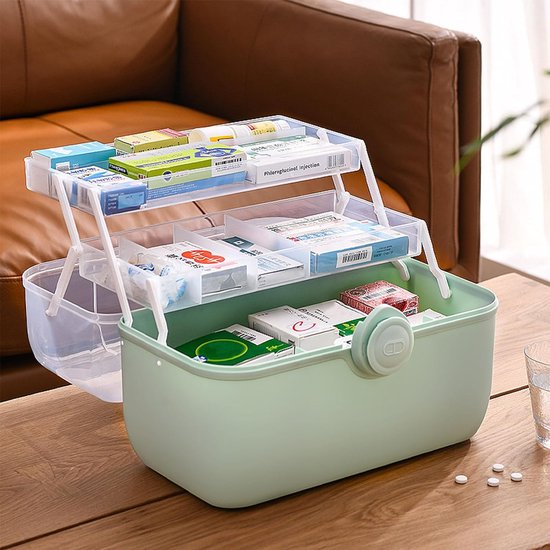 Plastic EHBO-opbergdoos, Containerbak, Plastic Medicijnkast-opbergdoos met Compartimenten en Slot, 3-laags Doorzichtige Nood-EHBO-doosorganisator