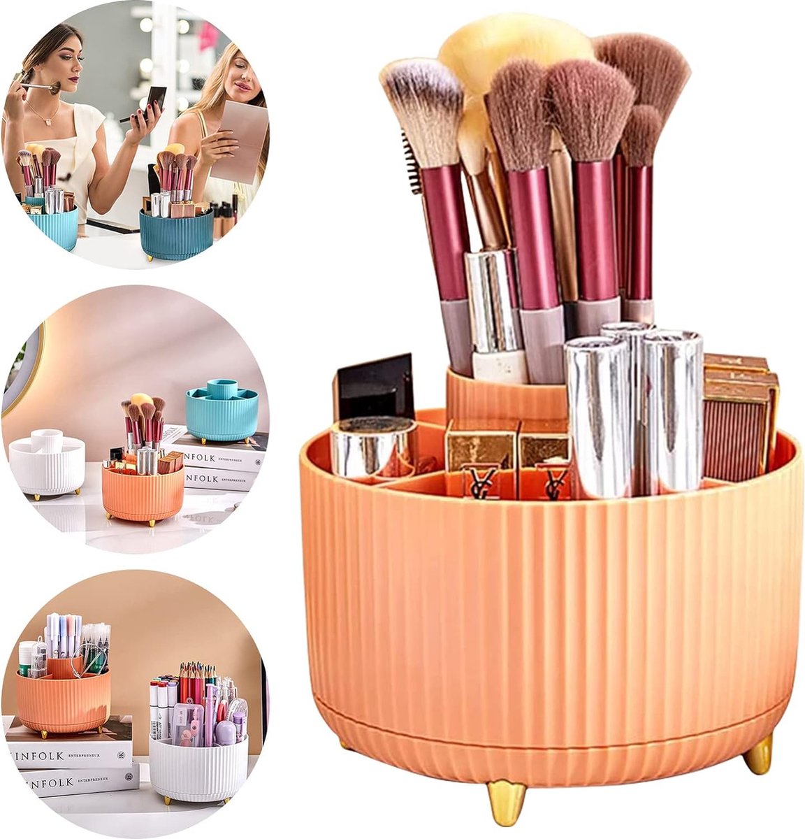 Cosmetica-make-uporganizer, 360 graden draaibare kwastenorganizer, cosmeticarek, multifunctioneel, cosmetica-organizer voor commode, slaapkamer, badkamer (oranje)