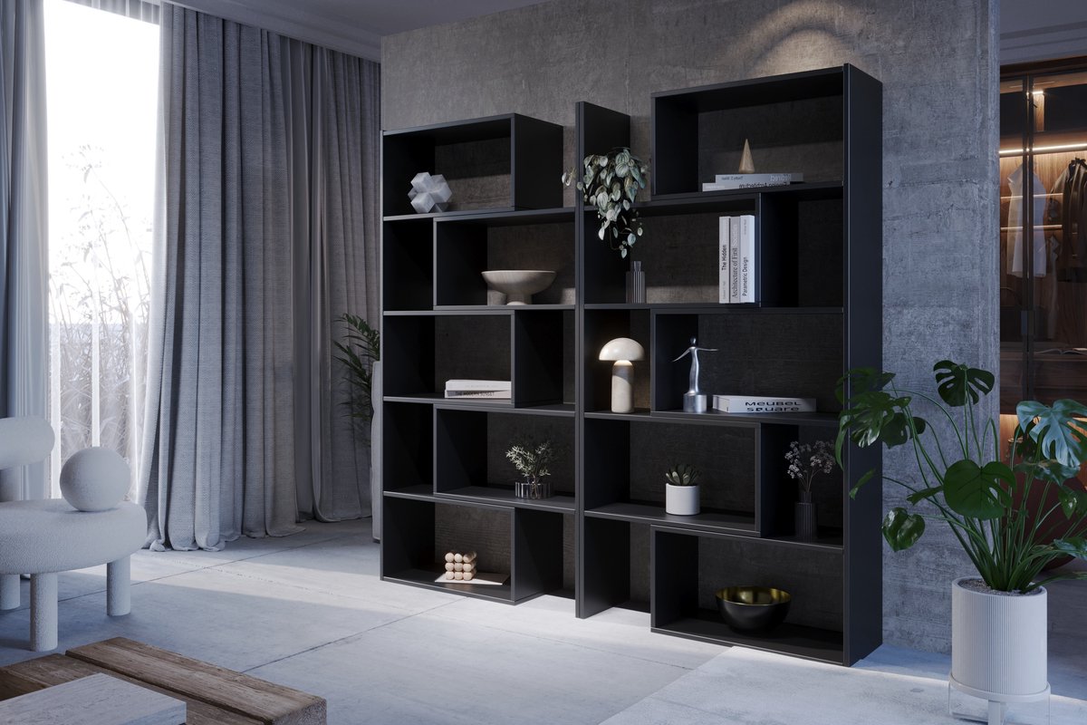 Meubel Square - Boekenkast DIAMOND 2 - set van 2 - Zwart - 186x240x32 cm - Groot opbergkast - Tweedelig uitschuifbare rek