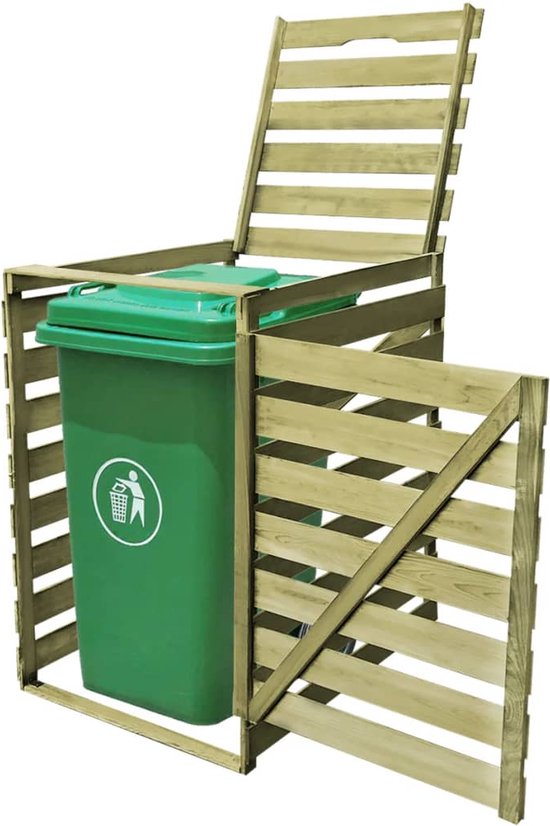 Boîtier de poubelle en bois avec poubelle verte. La porte et le couvercle sont ouverts.