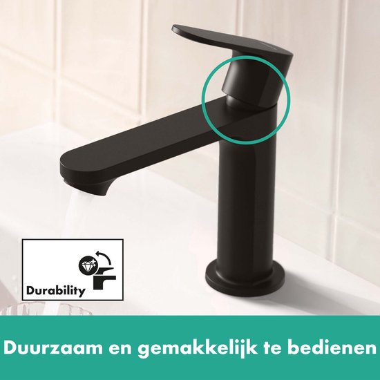 Hansgrohe Wastafelkraan Rebris S, Kraan Badkamer Met Uitloop Hoogte 110 Mm Met Trekstang Badkraan Waterbesparend Energiebesparend Matzwart
