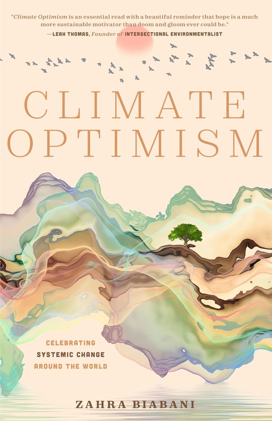 Boek kaft met de titel 'CLIMATE OPTIMISM' in oranje letters, met een abstracte aquarel van groene en paarse golven en een boom op een heuvel.