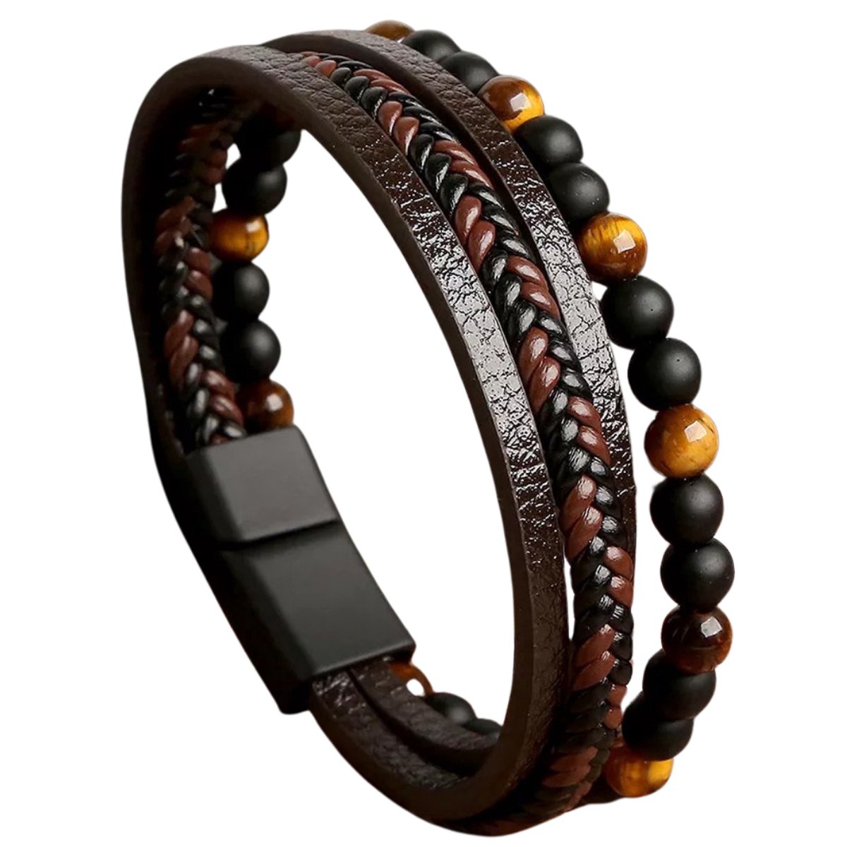 Armband heren 21 cm leer bruin - Zwart kleurige sluiting staal - 4 delig set - Bruin leer gevlochten armband voor mannen met kralen - Heren armband voor hem - Luxe Leer en Kralen armband 21cm