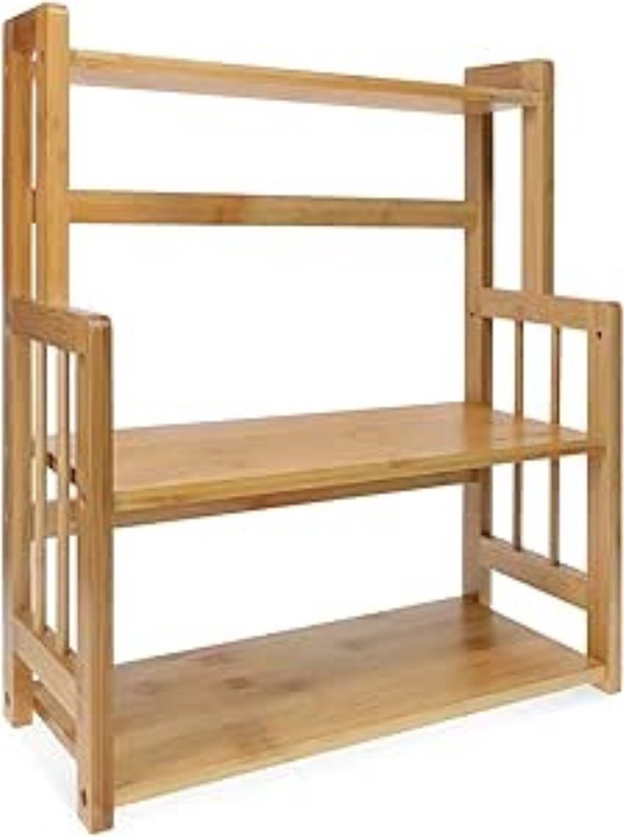 Keukenrek - Keukenrek - Verstelbaar - Bamboe - 3 Planken Dit verstelbare keukenrek van natuurlijk bamboehout biedt een stevige en waterafstotende oplossing voor het organiseren van je keukenbenodigdheden.