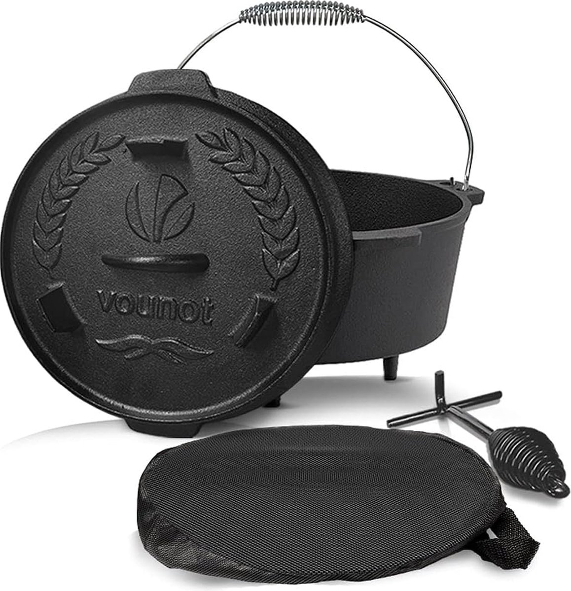 Dutch Oven Set 4 25 liter gebrande gietijzeren vuurpot voor kamperen in de tuin kampvuur met voeten deksel dekselheffer en draagtas